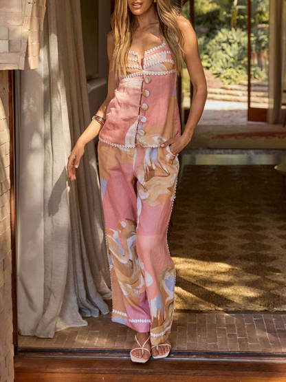 Summer Linen Blend Flowers Trims Unique Print Button Tank