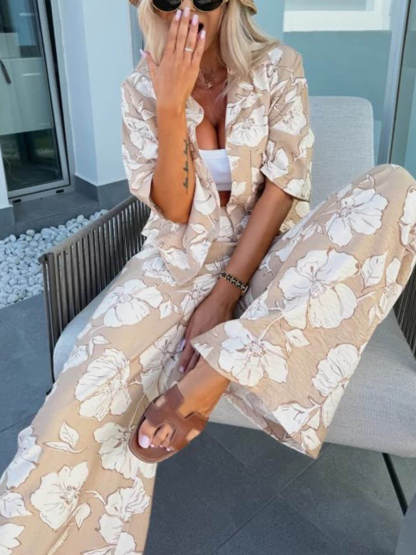 Modern Casual Satin Floral Print High Waist Pocket Wide Leg Pants