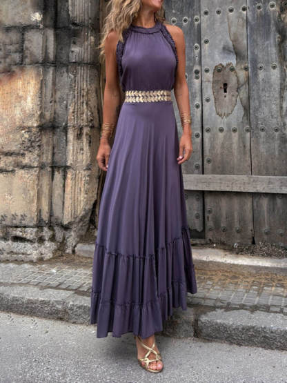 Unique Modern Open Back Honeycomb Straps Gold Trim At The Waist A-Line Maxi Dress