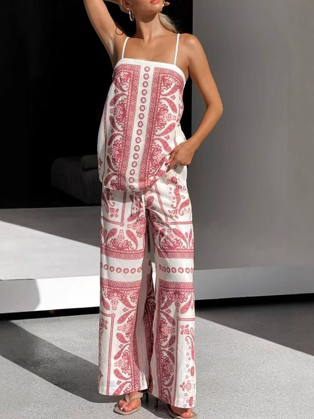 Modern Unique Floral Print High Waist Pocket Wide Leg Pants