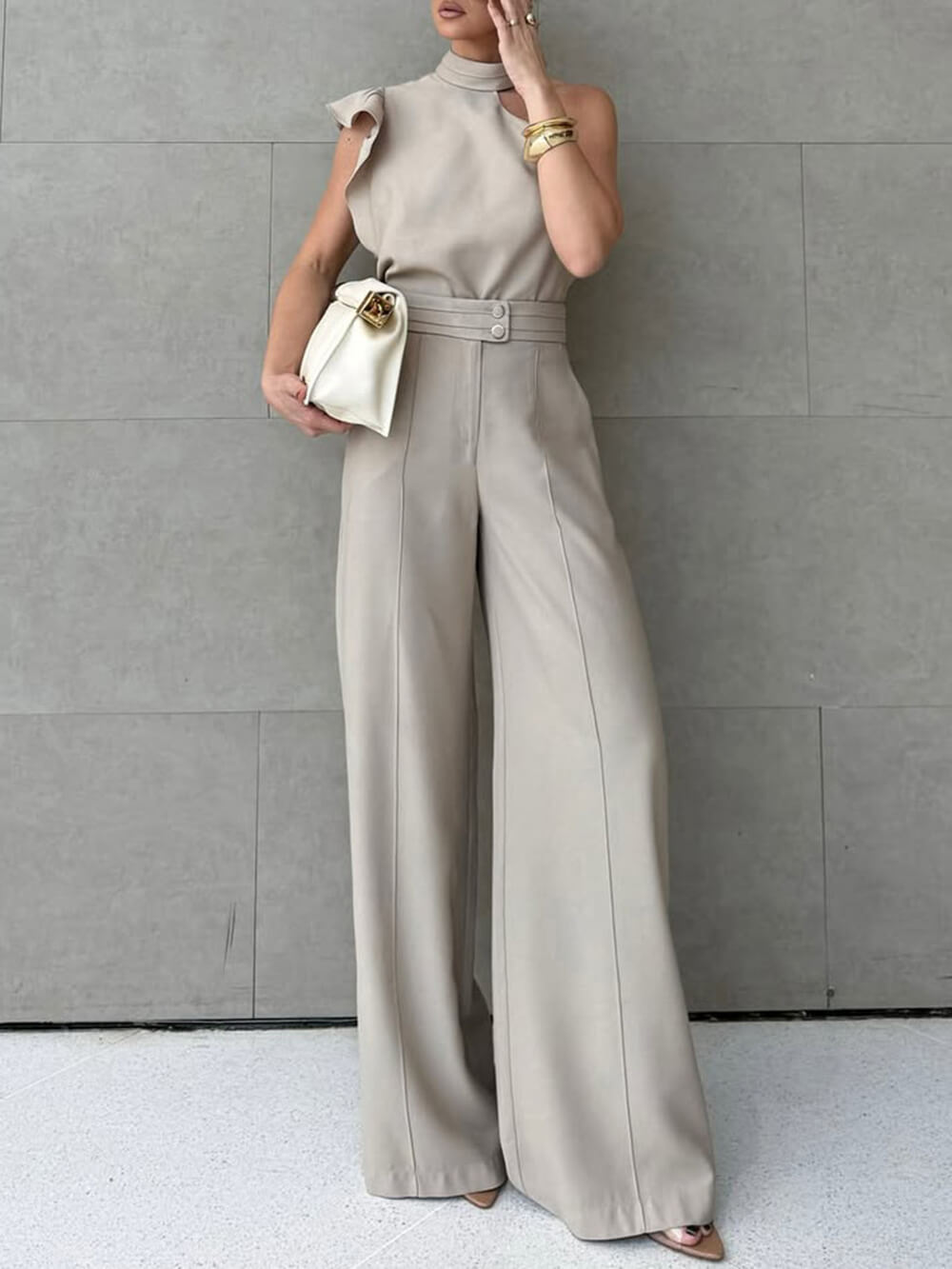 Casual Ruffle Sleeve Halter Top With Simple Solid Color Straight Pants Set