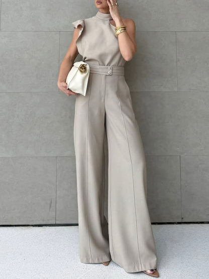 Casual Ruffle Sleeve Halter Top With Simple Solid Color Straight Pants Set