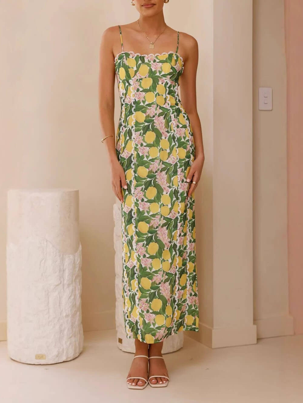 Sexy Linen Suspender Lace Slit Maxi Dress