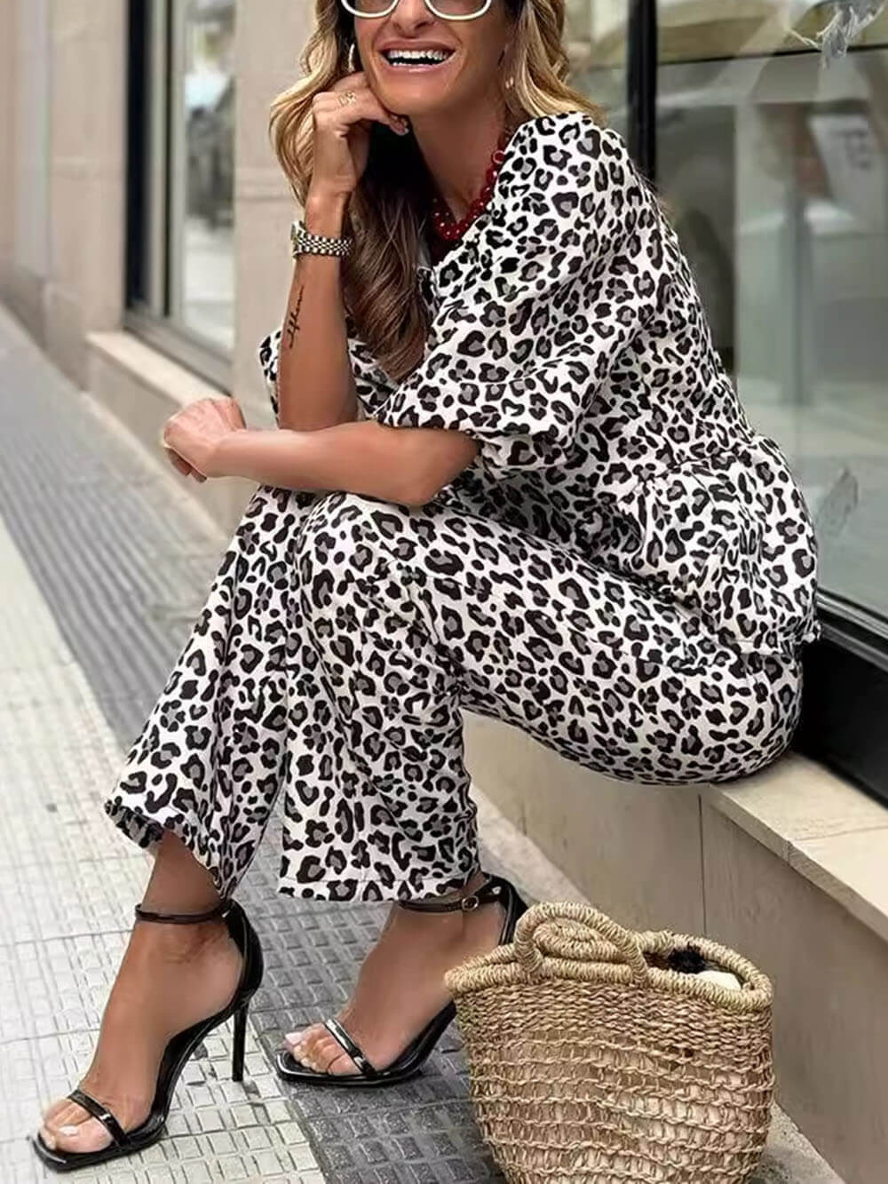 Casual Leopard Print Top And Pants Set