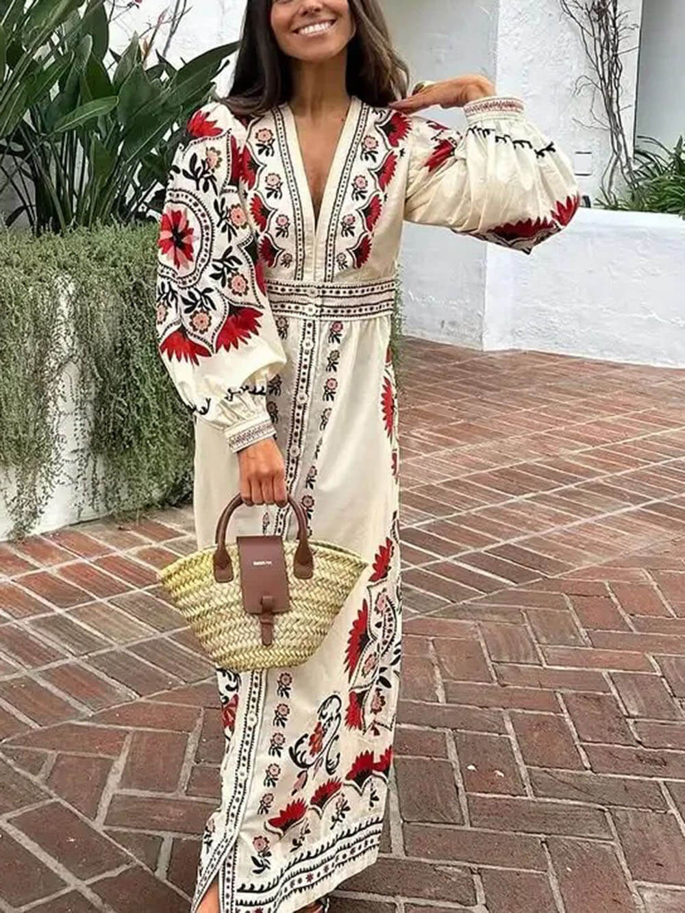 Vintage Street Style Linen Floral Print Flared Sleeves Single Breasted Robe Maxi Dress