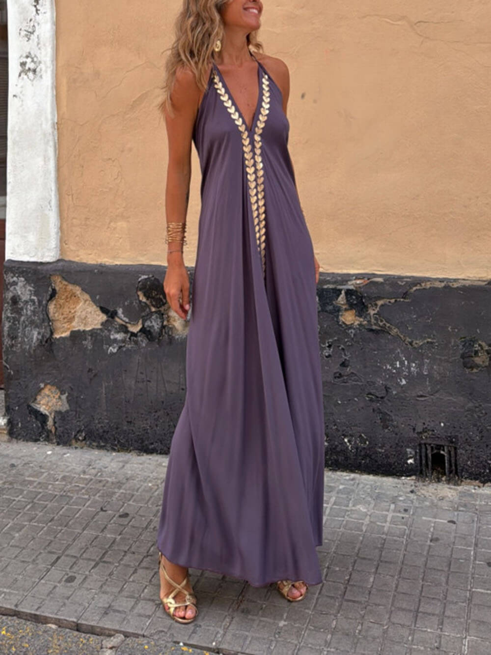 Exquisite And Unique Gold Trim Stitching Open Back Lace Up V-Neck Maxi Dress