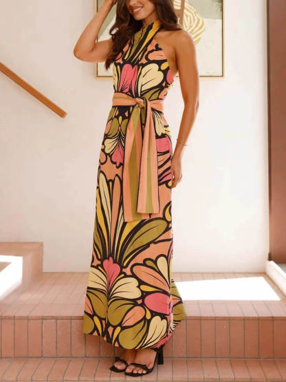 Elegant Floral Print Twist Neck Linen Halter Maxi Dress