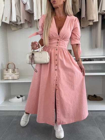 Unique Pleats Solid Color V-Neck Button-Down Denim Midi Dress