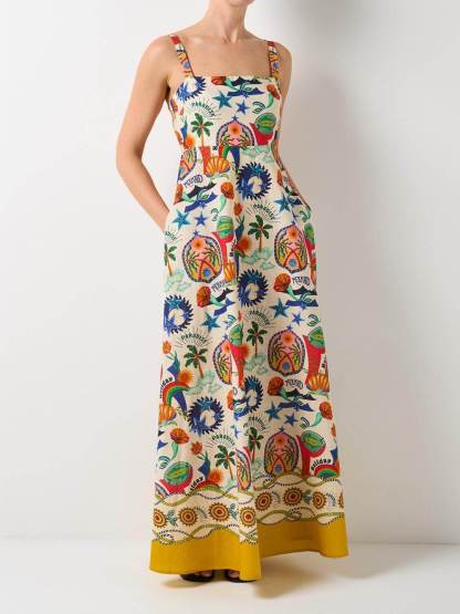 Unique Midsummer Mermaid Paradise Printed Strappy Maxi Dress