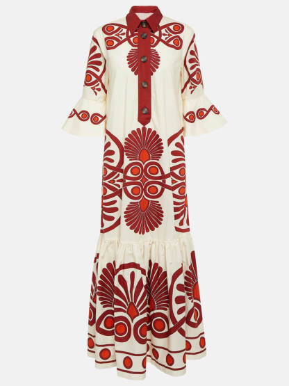 Classic Unique Ethnic Print Button Decoration Loose Maxi Dress