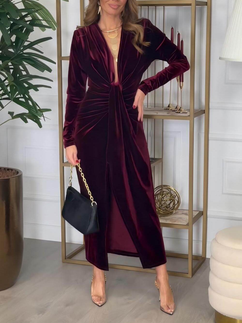 Classic Elegant Pleated Deep V Slit Party Maxi Dress – LMC Classic Elegant Pleated Deep V Slit Party Maxi Dress – LMC