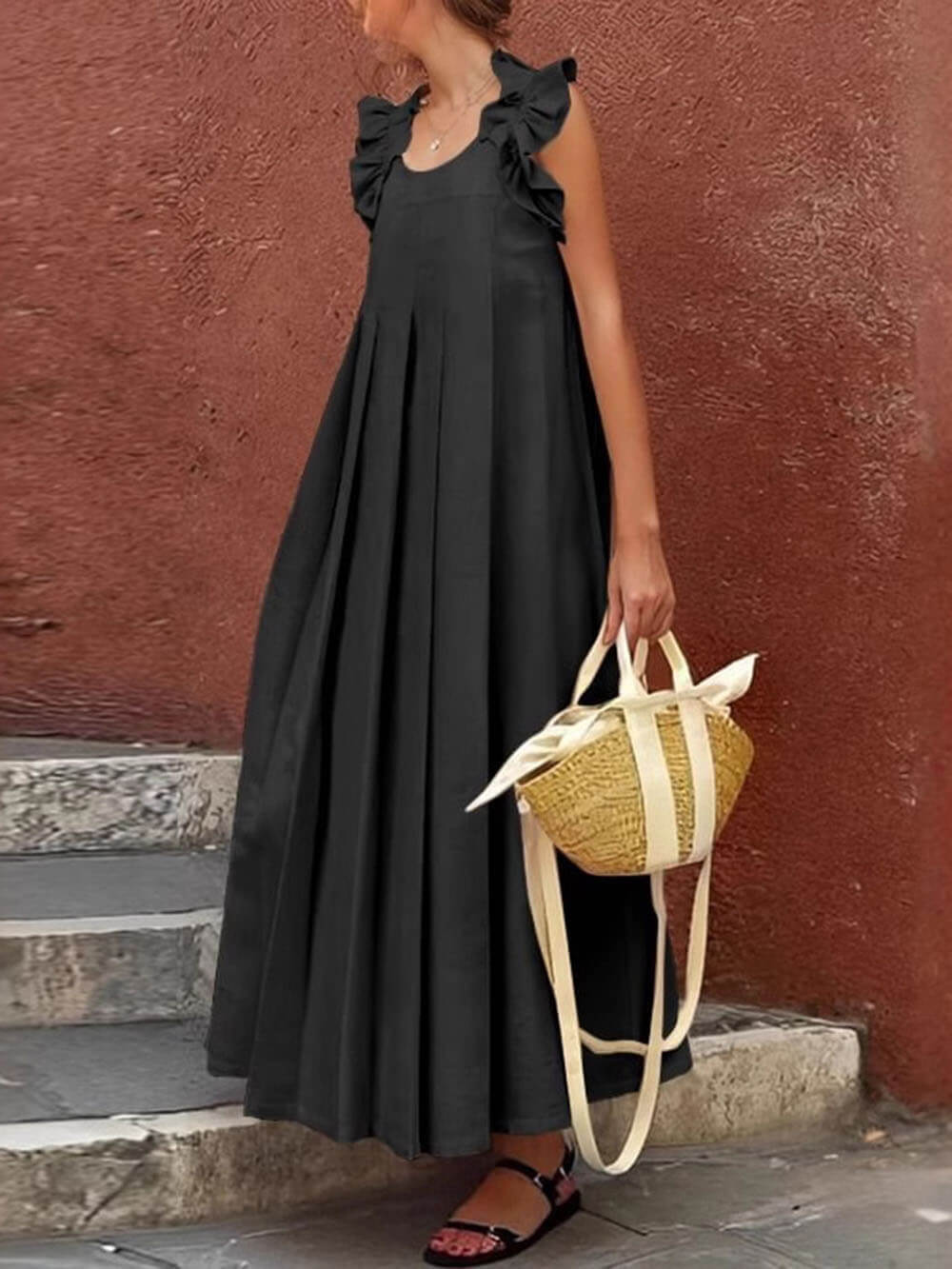 Fashionable And Casual Ruffled Decorative Pleated All-Match Holiday Maxi Dress