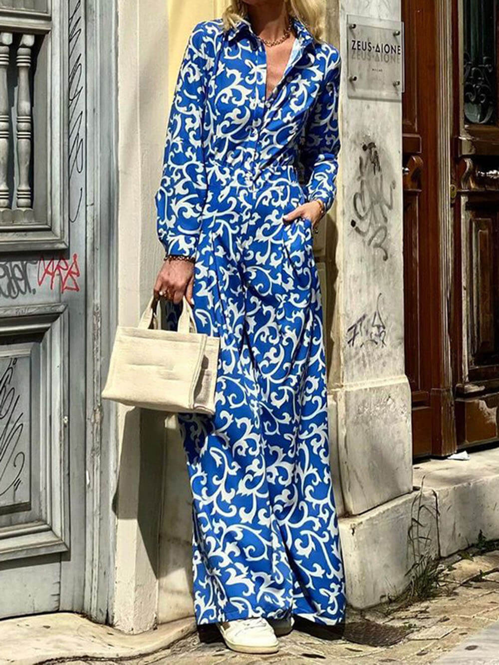 Fashion Print Lapel Waist Midi Dress