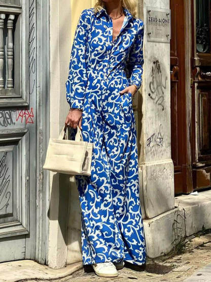 Fashion Print Lapel Waist Midi Dress