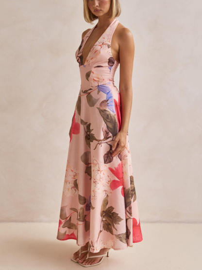 Retro Terez Linen Floral Print Halter Backless Tie-Up Maxi Dress