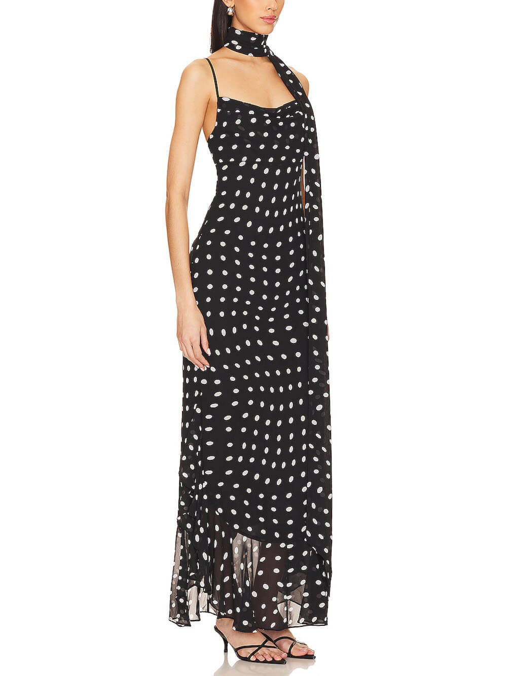 Delicate Polka Dot Print Halter Chiffon Ruffle Trim Maxi Dress