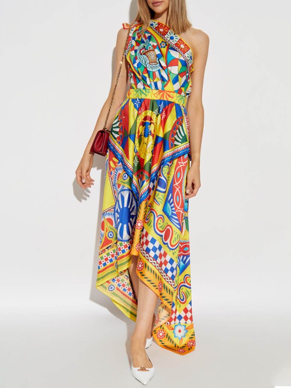Unique Printed One-Shoulder Irregular Midi Dress