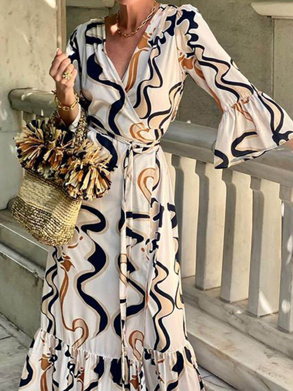 Bohemian Pattern Print Waist Tie Loose Maxi Dress