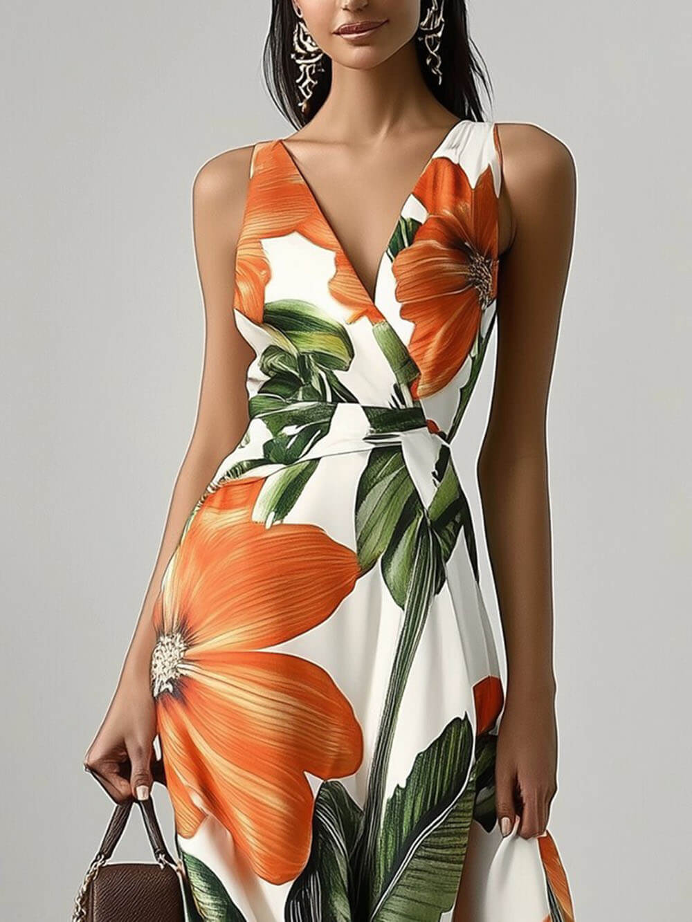 Elegant Floral Print Classic V Neck Sleeveless A-Line Maxi Dress