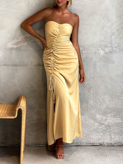Beautiful Drawstring Pleated Halter Back Slit Tube Top Prom Dress