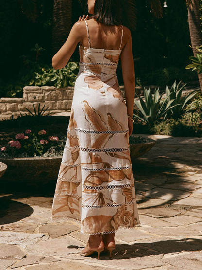 Exquisite Linen Blend Unique Print Round Hollow Trim Tie-up Bust Slip Maxi Dress