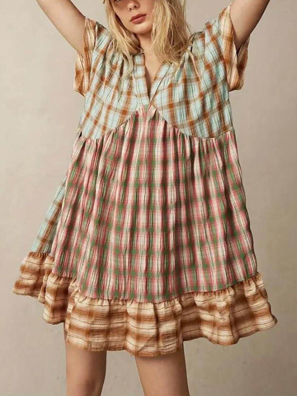 Unique Multicolored Plaid Patchwork Vacation Mini Dress