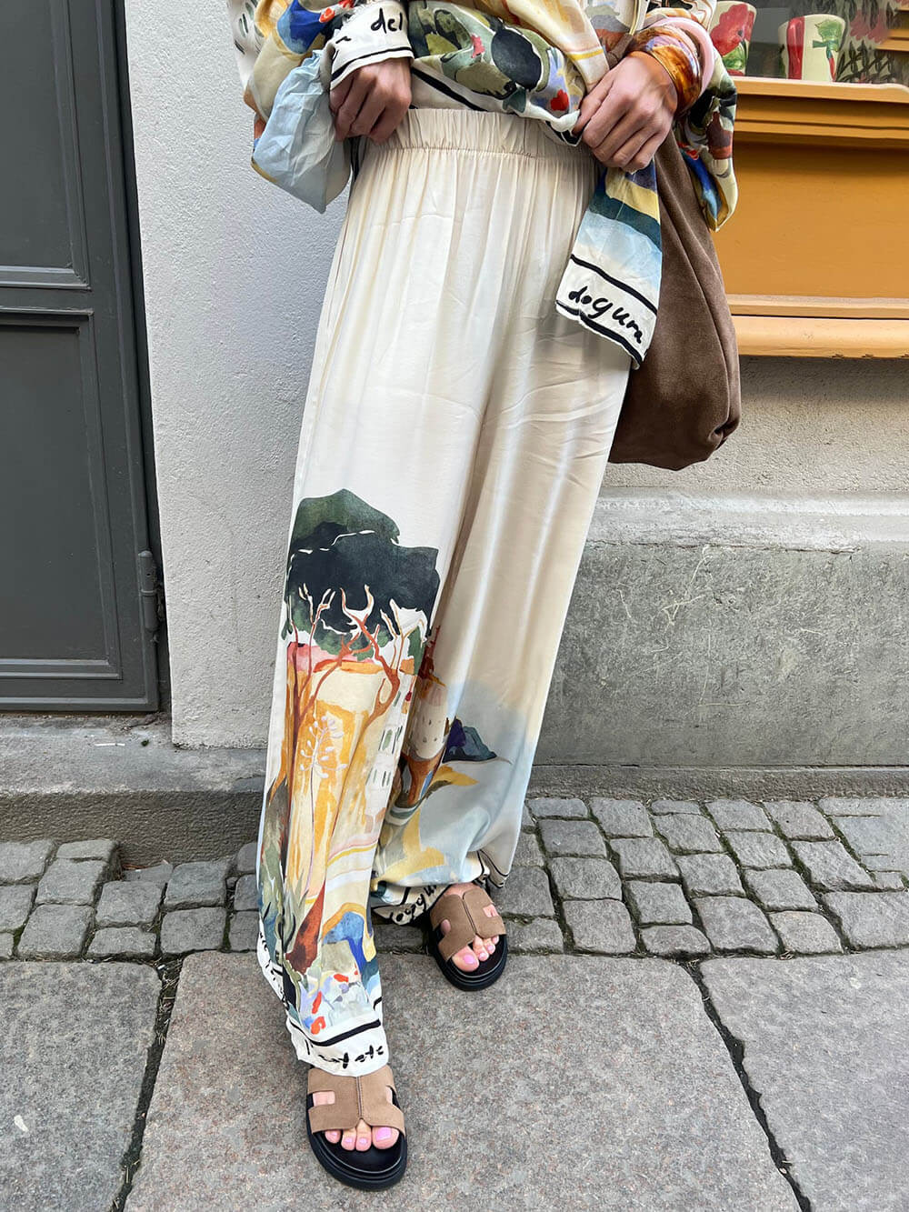 Modern Unique Satin Landscape Print Loose Oversized Shirt