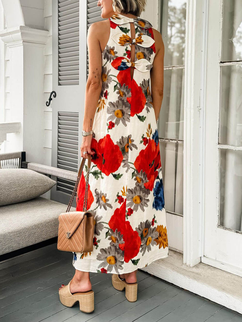 Modern Feel Crimson Poppy Linen Blend Back Elegant Bow Details Loose Maxi Dress