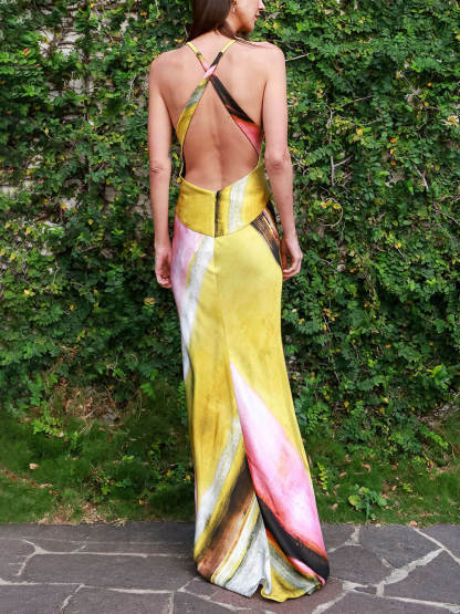 Beautiful Date Unique Print Backless Crisscross Straps Flared Maxi Dress