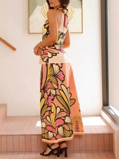 Unique Floral Print Twisted Halter Neck Tie Backless Vest Top
