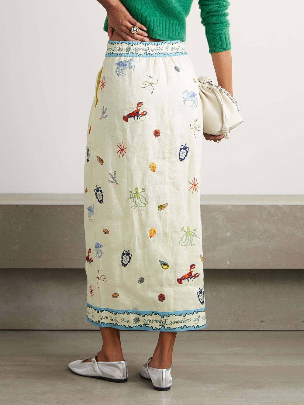 Unique Ocean Print Button-Faced Linen Midi Skirt