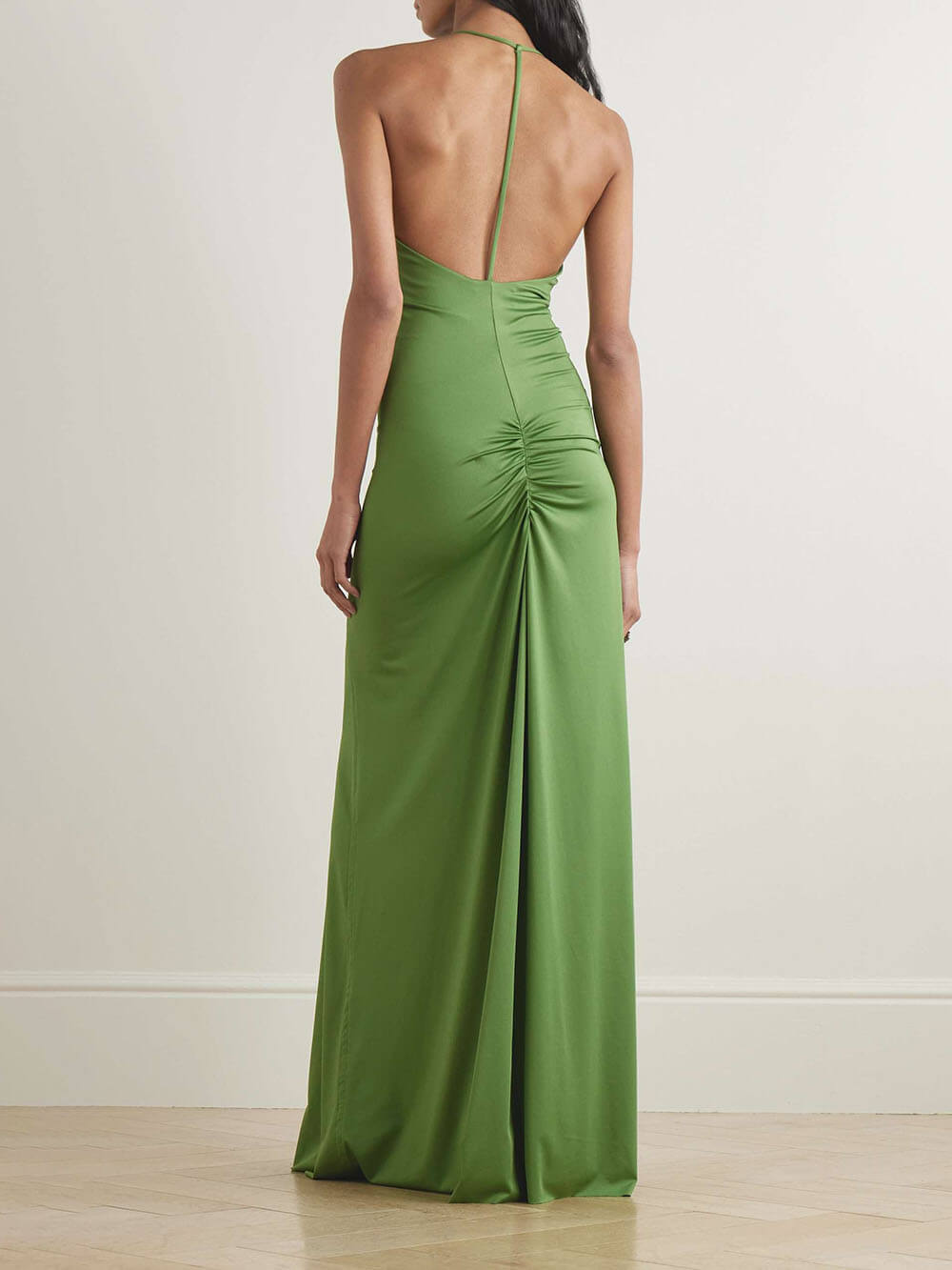 Elegant Cutout Pleated Stretch Satin Open Back Maxi Dress