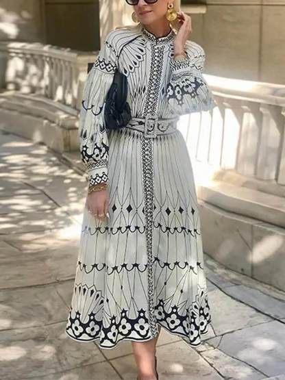 Vintage Casual Lantern Sleeve Floral Print Midi Dress