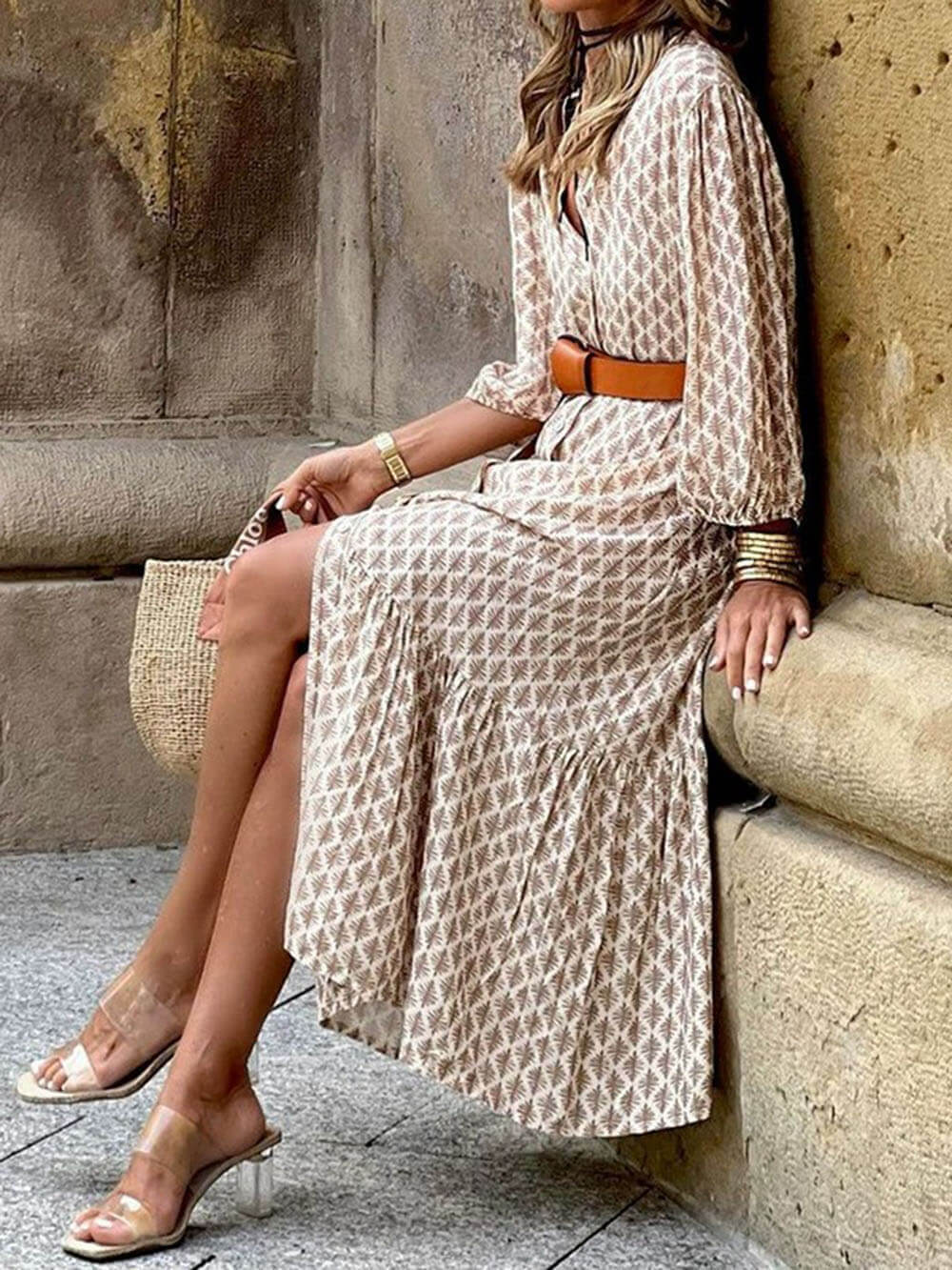 Unique Pattern Print V-Neck Simple Belt Midi Dress