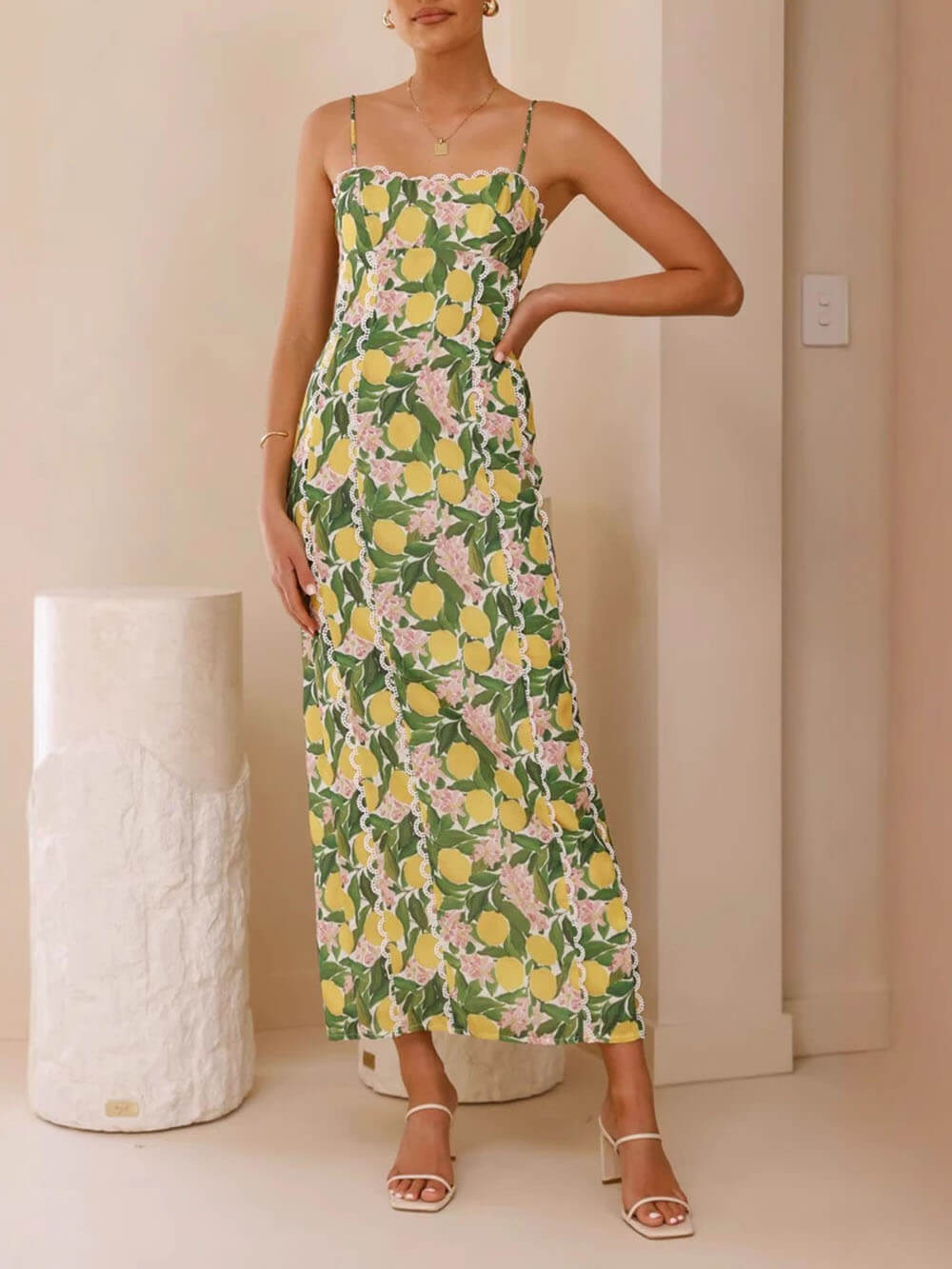 Sexy Linen Suspender Lace Slit Maxi Dress