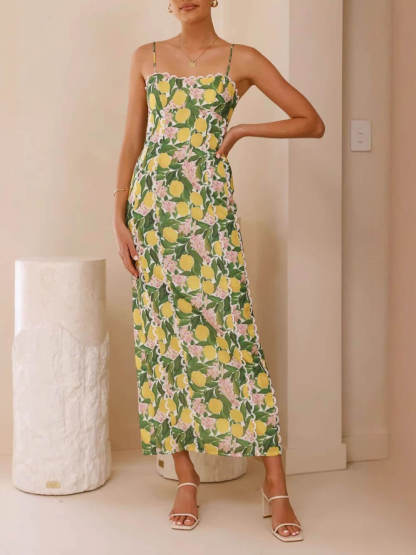 Sexy Linen Suspender Lace Slit Maxi Dress