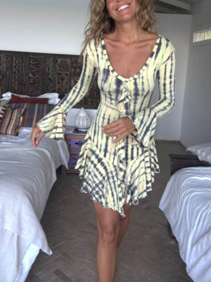 Unique Tie-Dye Printed Stretch Long Sleeves Ruffled Mini Dress
