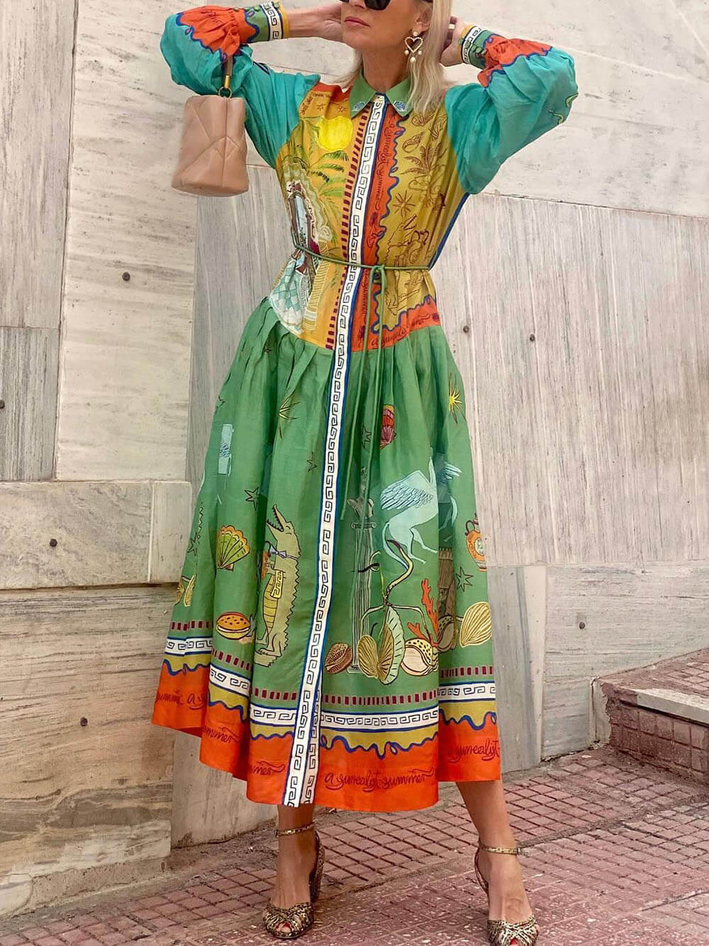 Unique Linen Ocean Animal Print Cardigan Belted Maxi Dress