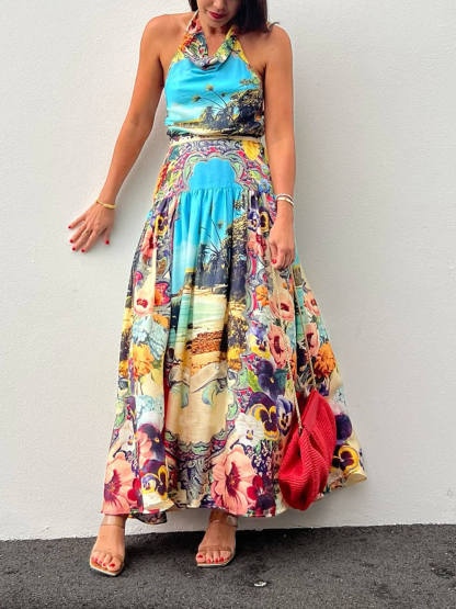Vibrant Floral Print Draped Lace-Up Sleeveless Scarf Top