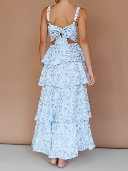 Fashion Sexy Floral Print Strap Layered Maxi Dress