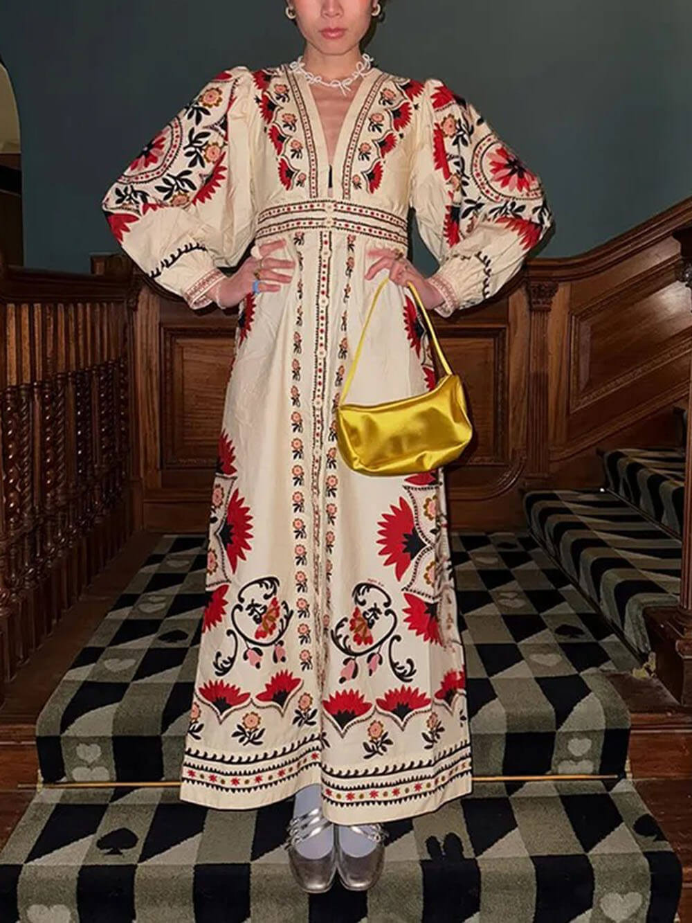 Vintage Street Style Linen Floral Print Flared Sleeves Single Breasted Robe Maxi Dress