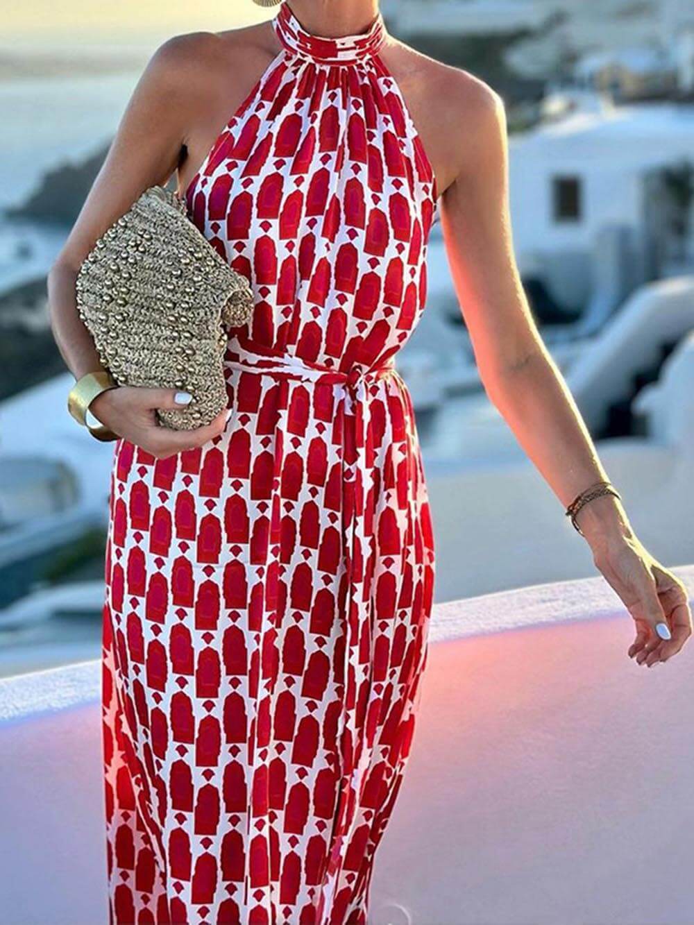 Sexy And Fashionable Printed Halter Neck Beach Slit Midi Dress