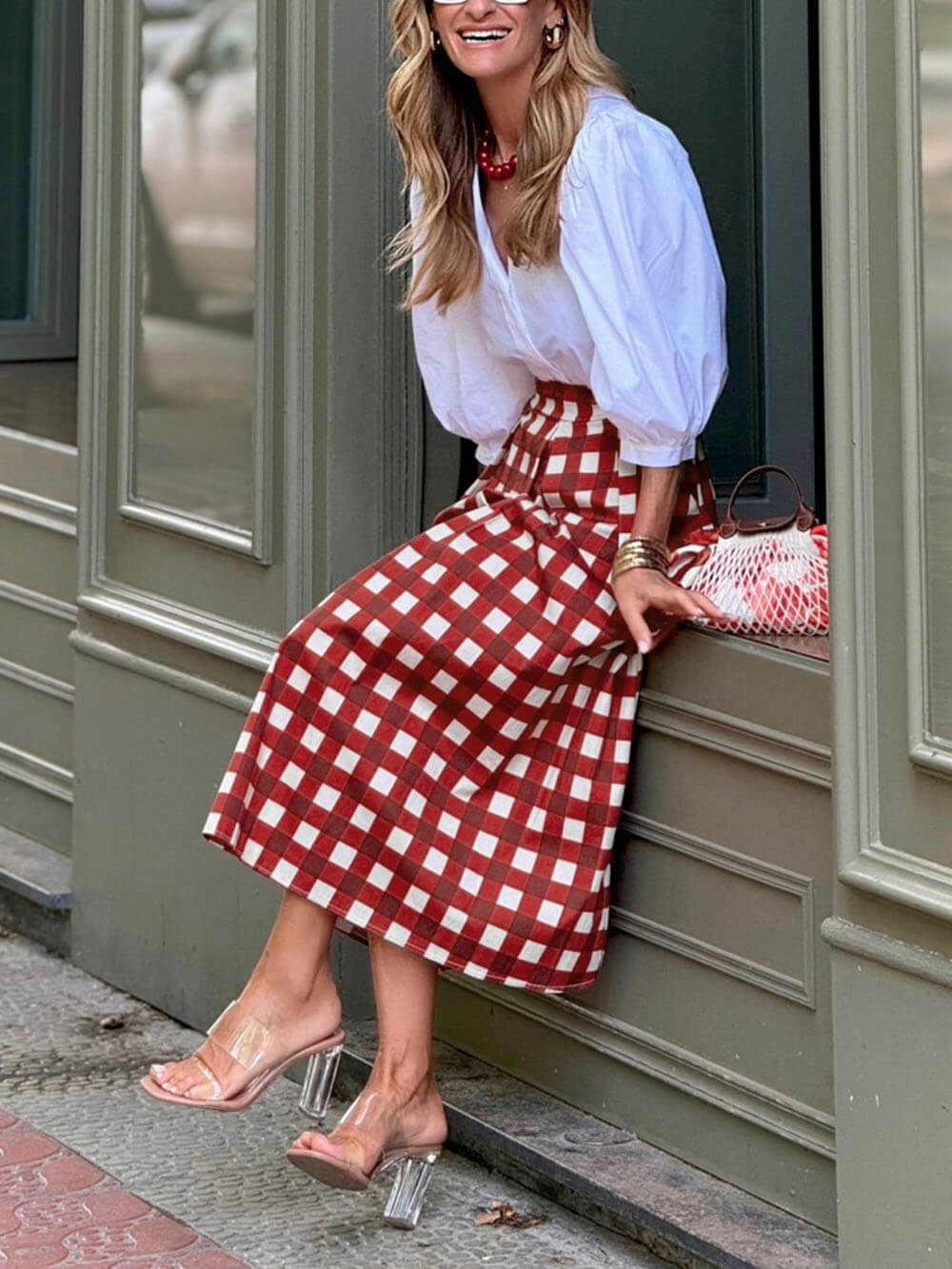 Casual Plaid Print Loose High Waist Maxi Skirt