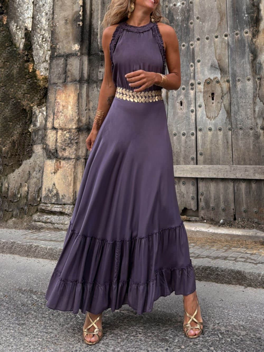 Unique Modern Open Back Honeycomb Straps Gold Trim At The Waist A-Line Maxi Dress