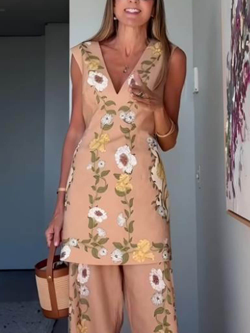 Chic Perfect Style Linen Blend Floral Elastic Waist Flare Pants