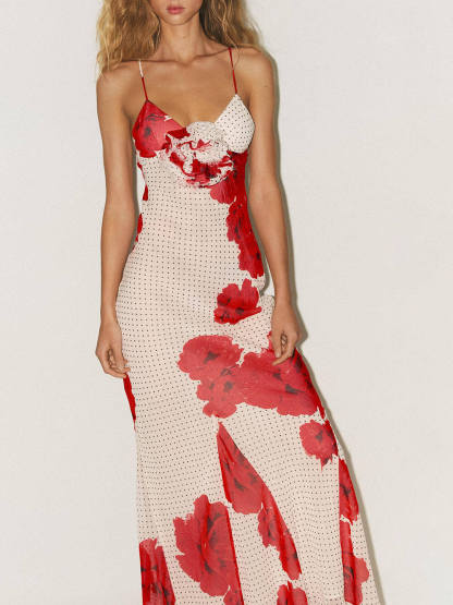 Elegant Poka Dot Floral Print  Flower Detail Slip Maxi Dress