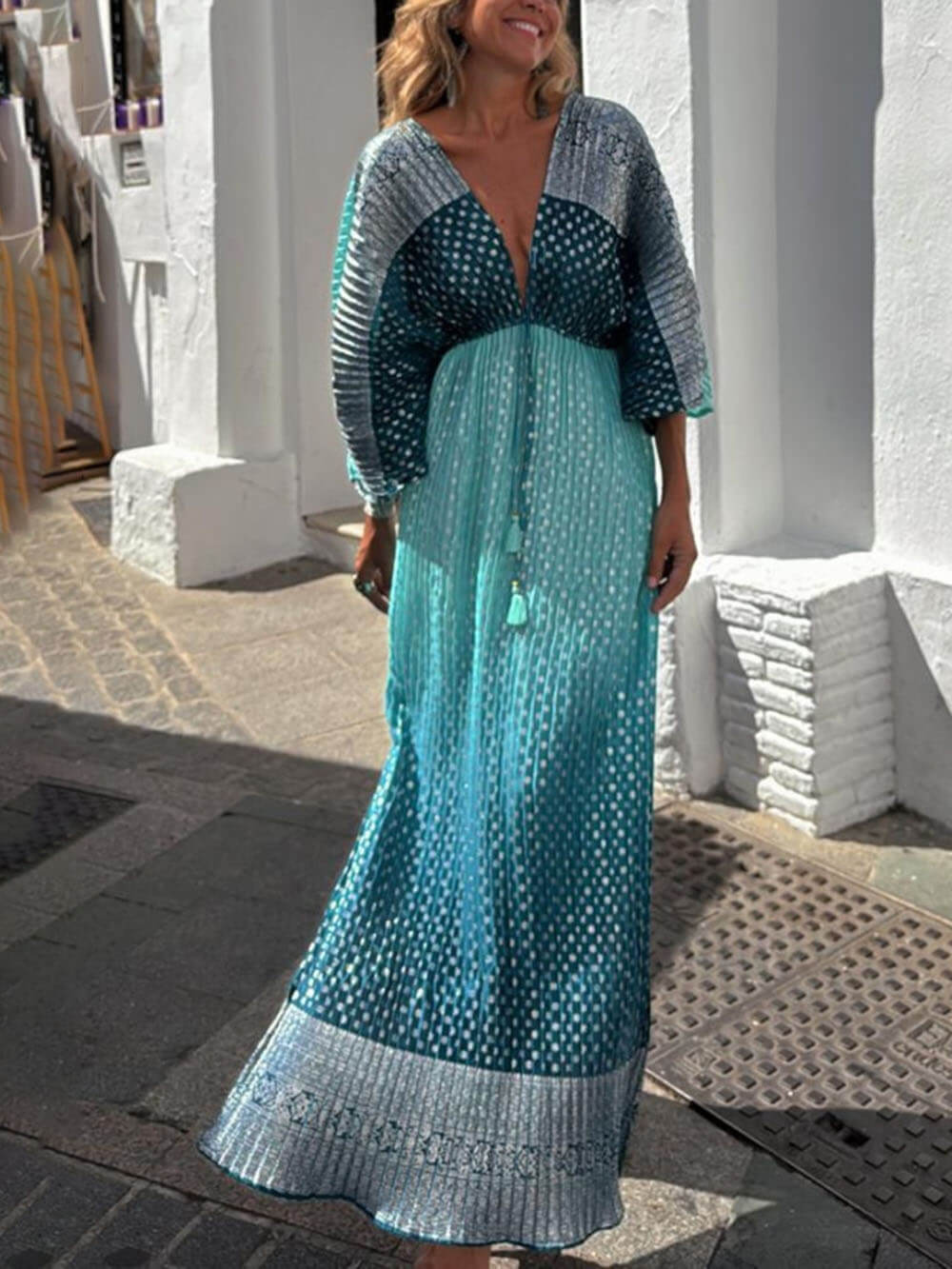 Unique Contrast Print Pleated Waist Elastic Maxi Dress