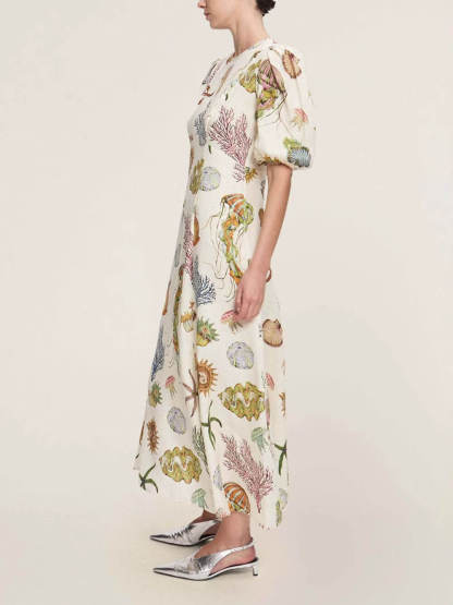 Unique And Personalized Graffiti Print Lantern Sleeve Fashionable Linen Dress