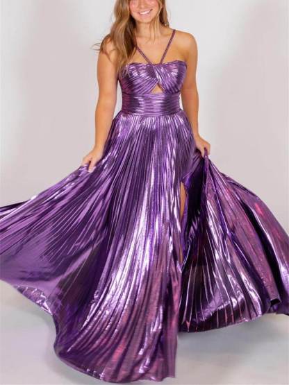 Elegant Queen Style Metallic Fabric Cross Neck Cutout Slit Pleated Maxi Dress