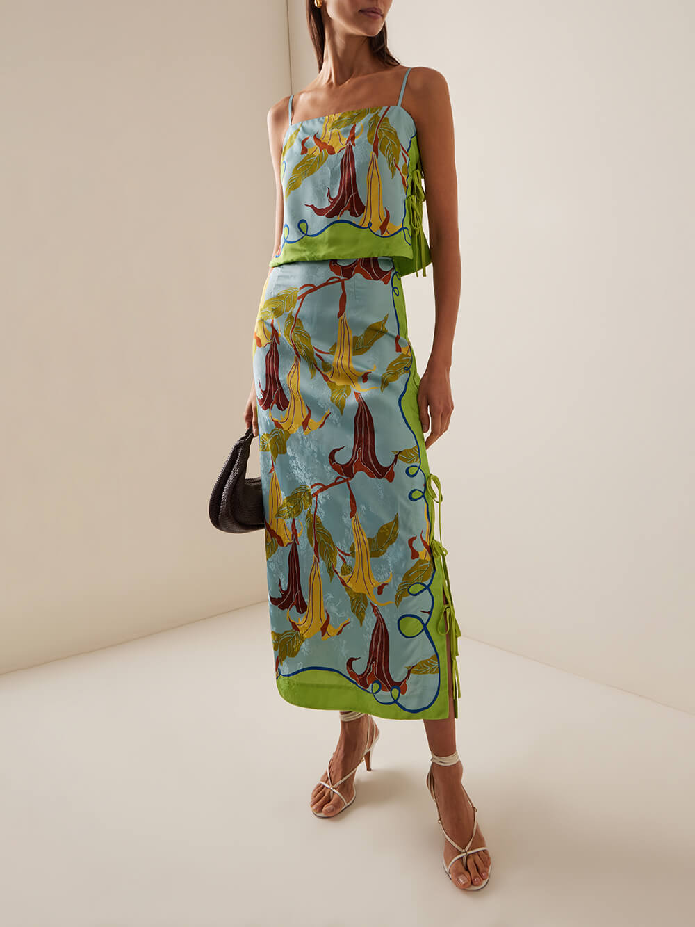 Classic And Elegant Morning Glory Print Lace-Up Slit Maxi Skirt